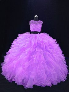 Chic Sleeveless Organza Floor Length Zipper Quinceanera Gowns in Lavender with Beading and Ruffles