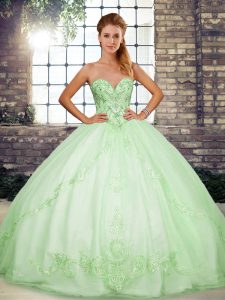 Modern Apple Green Ball Gowns Beading and Embroidery Sweet 16 Dress Lace Up Tulle Sleeveless Floor Length