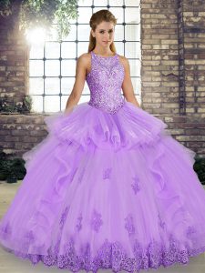 Traditional Lace and Embroidery and Ruffles Sweet 16 Dress Lavender Lace Up Sleeveless Floor Length