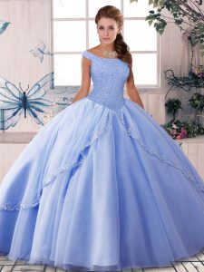 Modern Lavender Ball Gowns Off The Shoulder Sleeveless Tulle Brush Train Lace Up Beading Sweet 16 Dresses