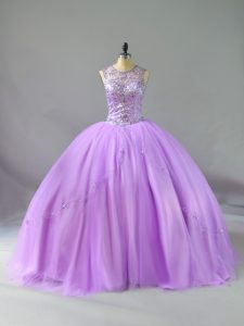 Affordable Tulle Scoop Sleeveless Lace Up Beading 15 Quinceanera Dress in Lavender