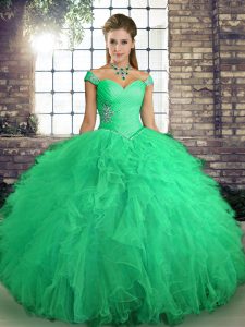 Eye-catching Turquoise Off The Shoulder Lace Up Beading and Ruffles Sweet 16 Dresses Sleeveless