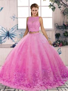 Comfortable Backless Sweet 16 Quinceanera Dress Rose Pink for Military Ball and Sweet 16 and Quinceanera with Lace Sweep Train