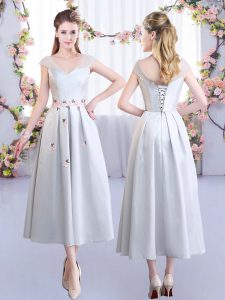 Fine Tea Length Silver Quinceanera Court Dresses V-neck Cap Sleeves Lace Up