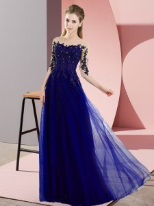 Blue Lace Up Dama Dress for Quinceanera Beading and Lace Half Sleeves Floor Length