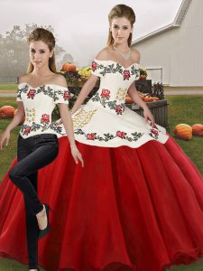 Sumptuous Floor Length White And Red Sweet 16 Quinceanera Dress Organza Sleeveless Embroidery