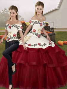 Low Price Wine Red Ball Gown Prom Dress Military Ball and Sweet 16 and Quinceanera with Embroidery and Ruffled Layers Off The Shoulder Sleeveless Brush Train Lace Up