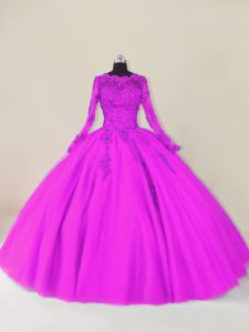 Purple Tulle Zipper 15 Quinceanera Dress Long Sleeves Floor Length Lace and Appliques