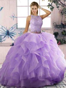 Dazzling Beading and Ruffles 15 Quinceanera Dress Lavender Zipper Sleeveless Floor Length