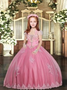 Dramatic Pink Ball Gowns Tulle Straps Sleeveless Appliques Floor Length Lace Up Little Girls Pageant Dress Wholesale