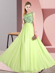 Shining Sleeveless Chiffon Floor Length Backless Vestidos de Damas in Yellow Green with Beading and Appliques