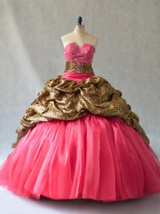 V-neck Sleeveless Sweet 16 Quinceanera Dress Floor Length Beading and Pick Ups Coral Red Organza