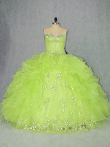 Sophisticated Sweetheart Sleeveless Quinceanera Dress Floor Length Beading and Ruffles Yellow Green Organza