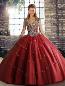 Wine Red Ball Gowns Straps Sleeveless Tulle Floor Length Lace Up Beading and Appliques 15th Birthday Dress