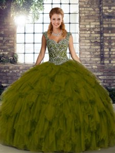 Olive Green Organza Lace Up Straps Sleeveless Floor Length Quinceanera Gowns Beading and Ruffles