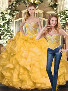 Floor Length Gold 15th Birthday Dress Organza Sleeveless Beading and Ruffles