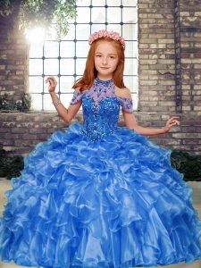 Cute Floor Length Lace Up High School Pageant Dress Blue for Party and Military Ball and Wedding Party with Beading and Ruffles