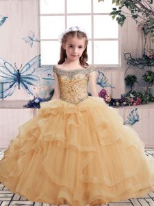 Attractive Champagne Ball Gowns Off The Shoulder Sleeveless Tulle Floor Length Lace Up Beading and Ruffles Child Pageant Dress