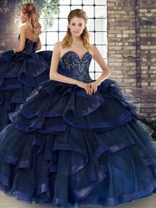 Nice Navy Blue Sleeveless Beading and Ruffles Floor Length Quinceanera Dress