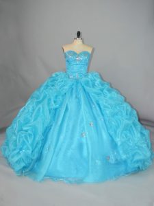 Blue Sleeveless Embroidery and Ruffles Floor Length 15th Birthday Dress