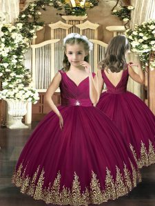 Wonderful Burgundy Ball Gowns Tulle Sleeveless Embroidery Floor Length Backless Little Girls Pageant Gowns