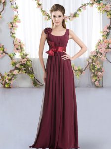 Elegant Burgundy Straps Neckline Belt and Hand Made Flower Court Dresses for Sweet 16 Sleeveless Zipper