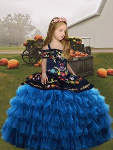 Blue Ball Gowns Straps Sleeveless Organza Floor Length Lace Up Embroidery and Ruffled Layers Kids Pageant Dress