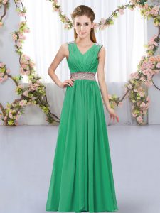 Flirting Turquoise V-neck Neckline Beading and Belt Dama Dress for Quinceanera Sleeveless Lace Up