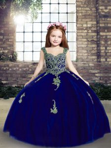 Wonderful Floor Length Royal Blue Child Pageant Dress Tulle Sleeveless Appliques