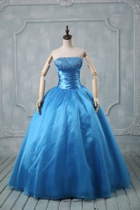 Ball Gowns Quince Ball Gowns Baby Blue Strapless Organza Sleeveless Floor Length Lace Up