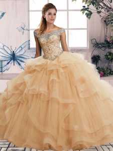 Gorgeous Champagne Sleeveless Floor Length Beading and Ruffles Lace Up Sweet 16 Dress