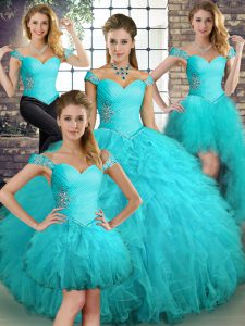 Sleeveless Tulle Floor Length Lace Up Quinceanera Gowns in Aqua Blue with Beading and Ruffles