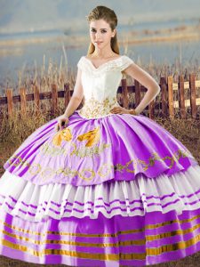 Attractive Lilac Ball Gowns Embroidery and Ruffled Layers 15 Quinceanera Dress Lace Up Organza Sleeveless Floor Length