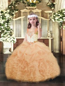 Floor Length Peach Little Girls Pageant Dress Wholesale Straps Sleeveless Lace Up