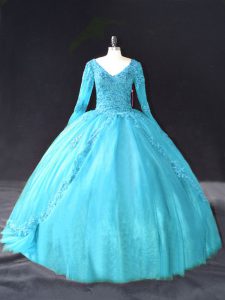 Great Lace and Appliques Quinceanera Gown Aqua Blue Lace Up Long Sleeves Floor Length