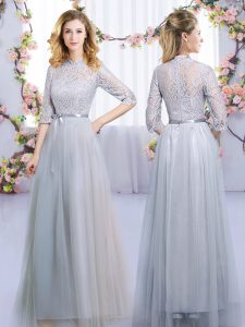 Grey Tulle Zipper Dama Dress Half Sleeves Floor Length Lace and Belt