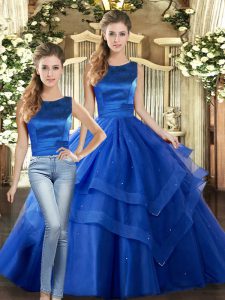 Graceful Royal Blue Two Pieces Scoop Sleeveless Tulle Floor Length Lace Up Ruffled Layers Sweet 16 Dress