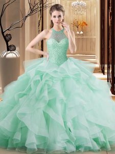 Flare Apple Green Halter Top Neckline Beading and Ruffles Sweet 16 Dress Sleeveless Lace Up