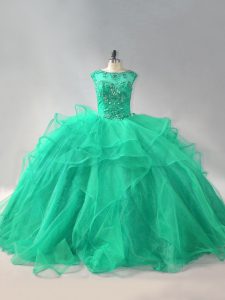 Trendy Turquoise Ball Gowns Scoop Sleeveless Organza Lace Up Beading and Ruffles Quince Ball Gowns