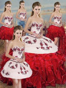 Stylish White And Red Ball Gowns Sweetheart Sleeveless Organza Floor Length Lace Up Embroidery and Ruffles and Bowknot 15 Quinceanera Dress