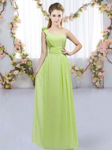 Glamorous Yellow Green Empire One Shoulder Sleeveless Chiffon Floor Length Lace Up Hand Made Flower Dama Dress