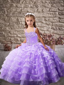 Discount Lavender Lace Up Little Girls Pageant Gowns Beading and Ruffled Layers Sleeveless Brush Train