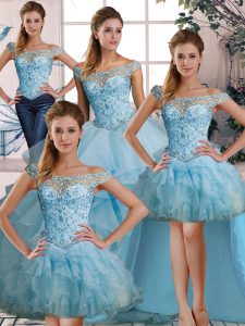 New Style Ball Gowns Quinceanera Dress Light Blue Off The Shoulder Organza Sleeveless Floor Length Lace Up