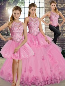 Floor Length Rose Pink Sweet 16 Dresses Tulle Sleeveless Lace and Embroidery and Ruffles