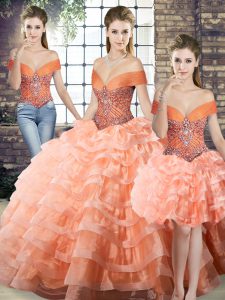 Fantastic Peach Three Pieces Off The Shoulder Sleeveless Organza Brush Train Lace Up Beading and Ruffled Layers Sweet 16 Dress