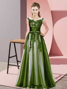 Olive Green Empire Tulle Scoop Sleeveless Beading and Lace Floor Length Zipper Quinceanera Court of Honor Dress