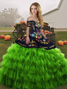 Green Off The Shoulder Neckline Embroidery and Ruffled Layers Ball Gown Prom Dress Sleeveless Lace Up
