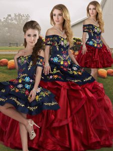 Red And Black Ball Gowns Embroidery and Ruffles Quinceanera Gown Lace Up Organza Sleeveless Floor Length