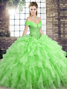 High End Organza Off The Shoulder Sleeveless Brush Train Lace Up Beading and Ruffles 15th Birthday Dress in