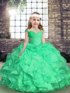 Turquoise Straps Lace Up Embroidery and Ruffles and Ruching Little Girls Pageant Dress Wholesale Sleeveless